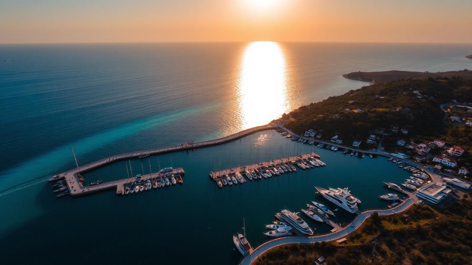 Yalıkavak Marina ve Bodrum sahilinin gün batımında havadan görünümü